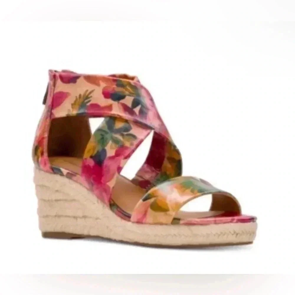 Patricia Nash leather floral “Rubia” espadrille wedge sandals in Spring Multi